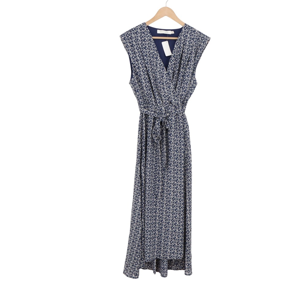 Bishop + Young Dress Womens M Navy Blue Floral Maxi Tie Waist NEW